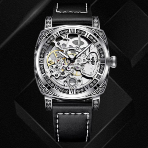 Men's Large Dial Skeleton Automatic Mechanical Watch, Stainless Steel Relief Design Wristwatch