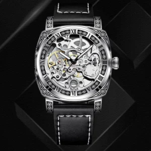 Men's Large Dial Skeleton Automatic Mechanical Watch, Stainless Steel Relief Design Wristwatch