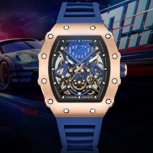 Men's Tonneau Skeleton Mechanical Watch, Fashionable Hollow Wristwatch for Men