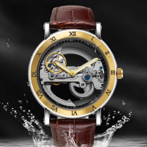 Men's Mechanical Watch, Waterproof Hollow Skeleton Cool Wristwatch with Luminous Leather Strap