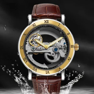 Men's Mechanical Watch, Waterproof Hollow Skeleton Cool Wristwatch with Luminous Leather Strap