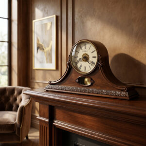 Cherry Wood Mantel Clock with Leaf Detail — view 1