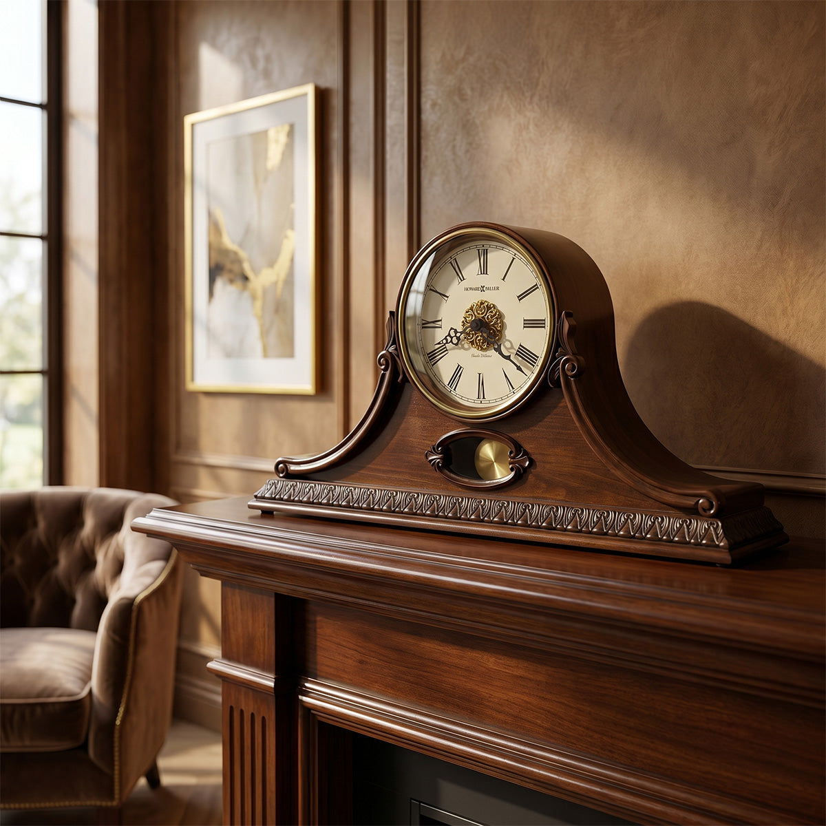 Cherry Wood Mantel Clock with Leaf Detail — view 1