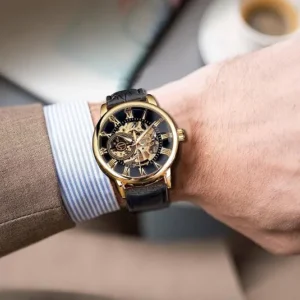 Gold-Tone Openwork Watch with Leather Strap — view 1