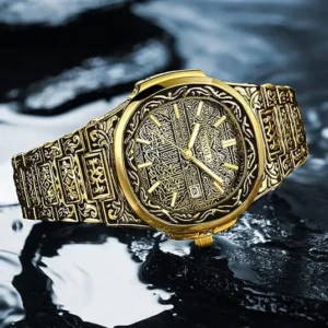 Gold-Tone Patterned Watch with Metal Bracelet — view 1