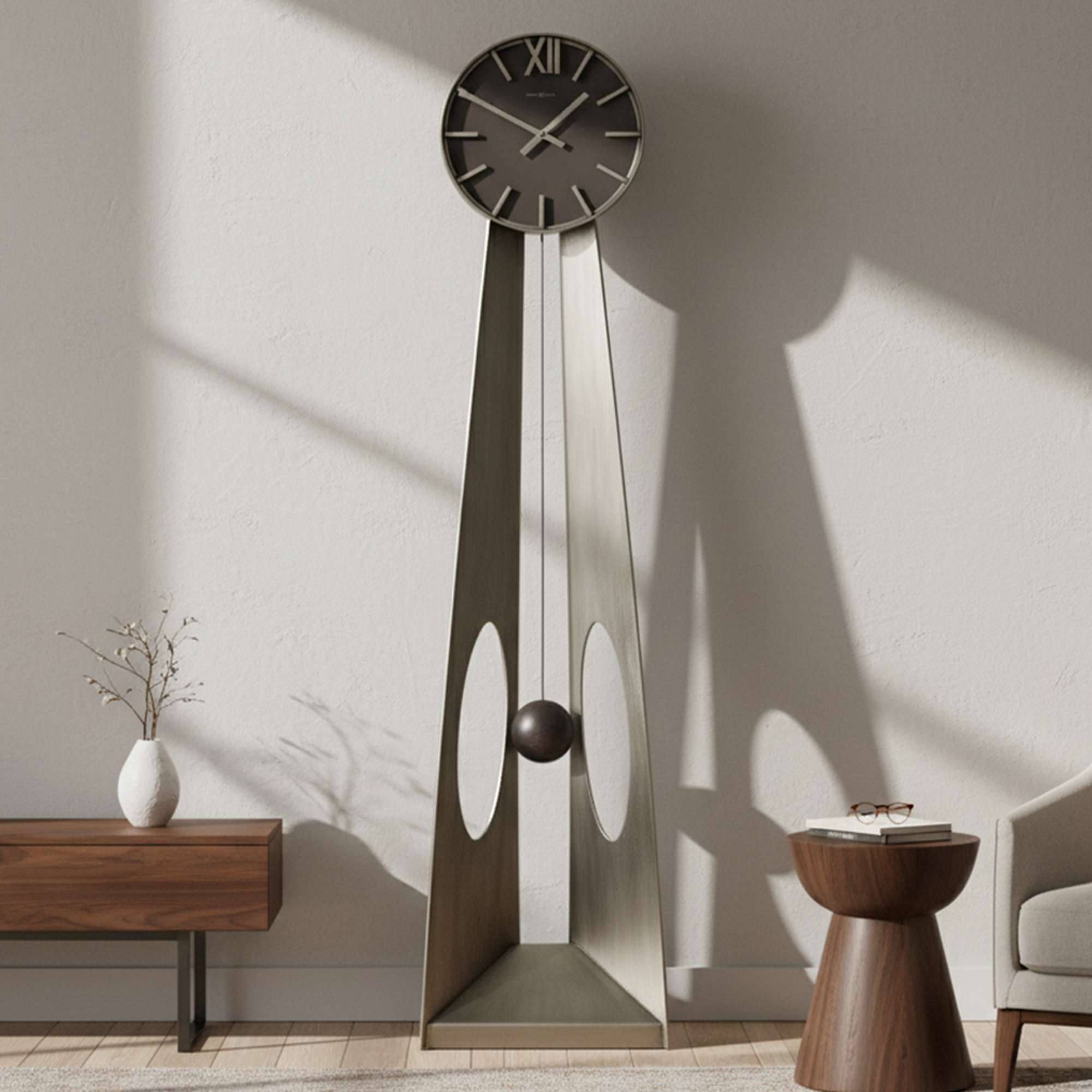 Sculptural Silver Pendulum Floor Clock — view 1