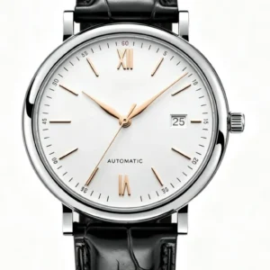 White-Dial Automatic Watch with Black Leather Strap — view 1