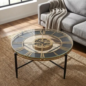 Aged Gold Glass-Top Clock Table